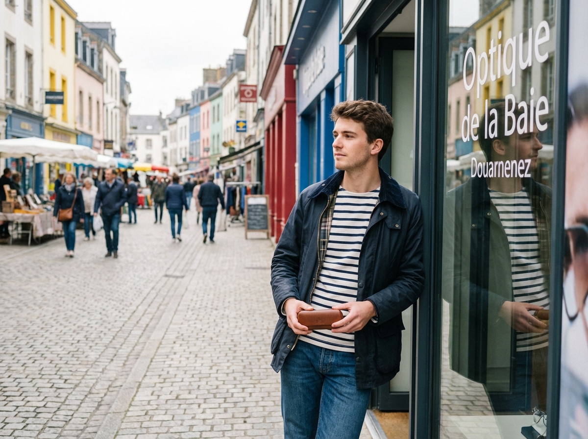 Jeune homme avec lunettes devant une vitrine à Douarnenez