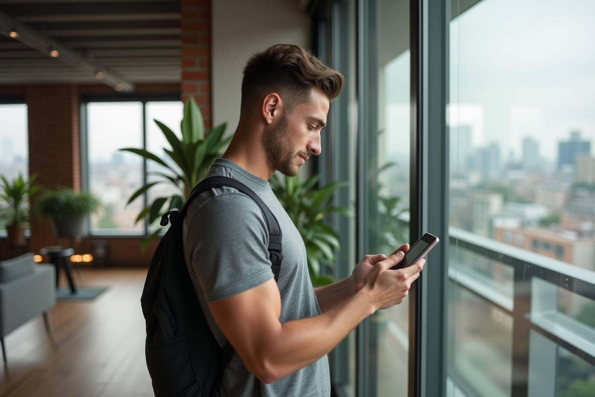 Jeune homme vérifiant son application de pilules dans un appartement urbain