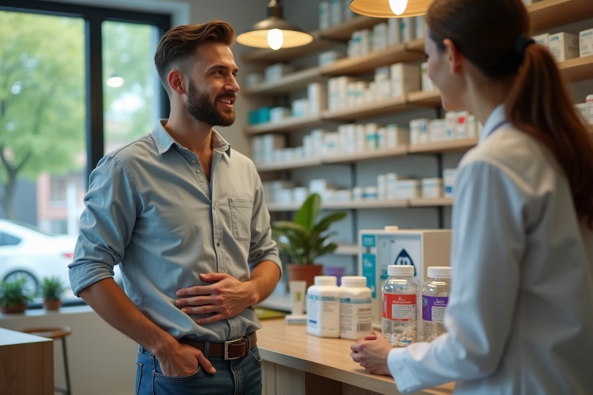 Jeune homme parlant avec un pharmacien dans une pharmacie
