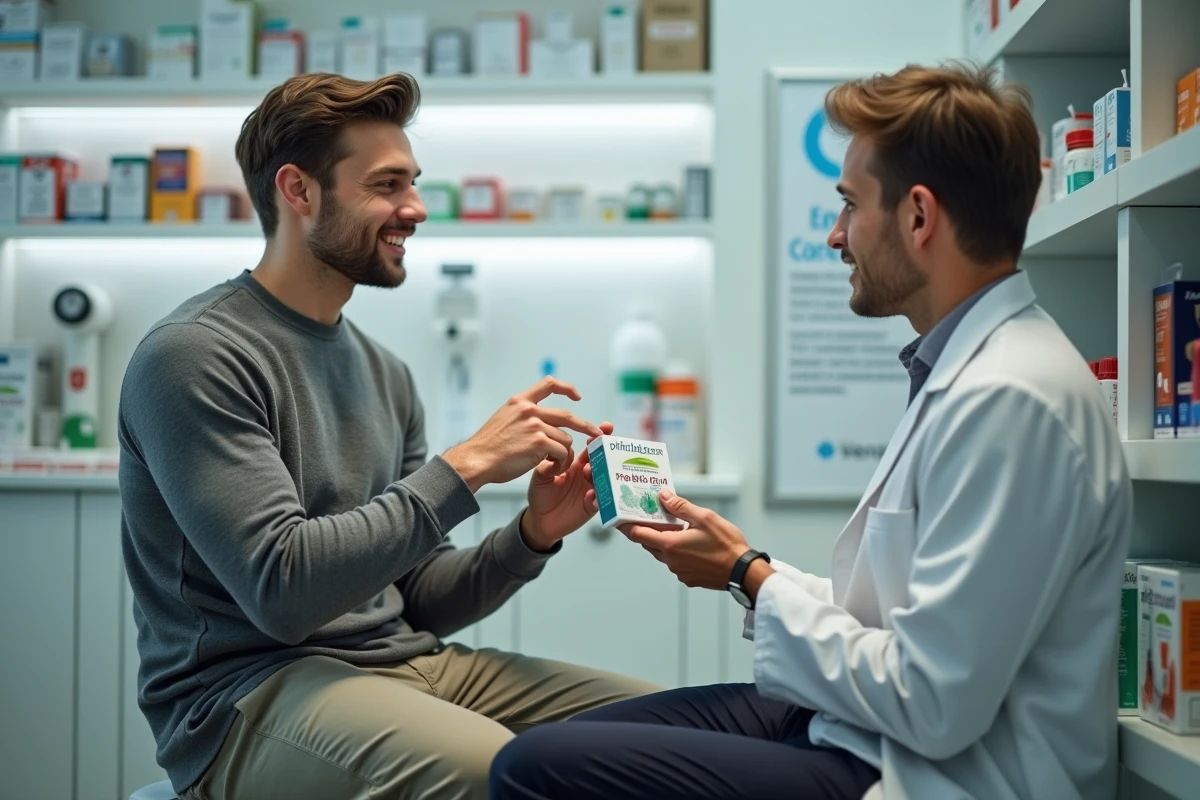 Jeune homme discute avec un pharmacien en pharmacie