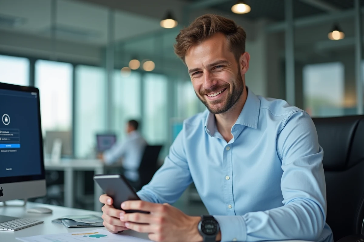 Jeune homme souriant utilisant un smartphone au bureau