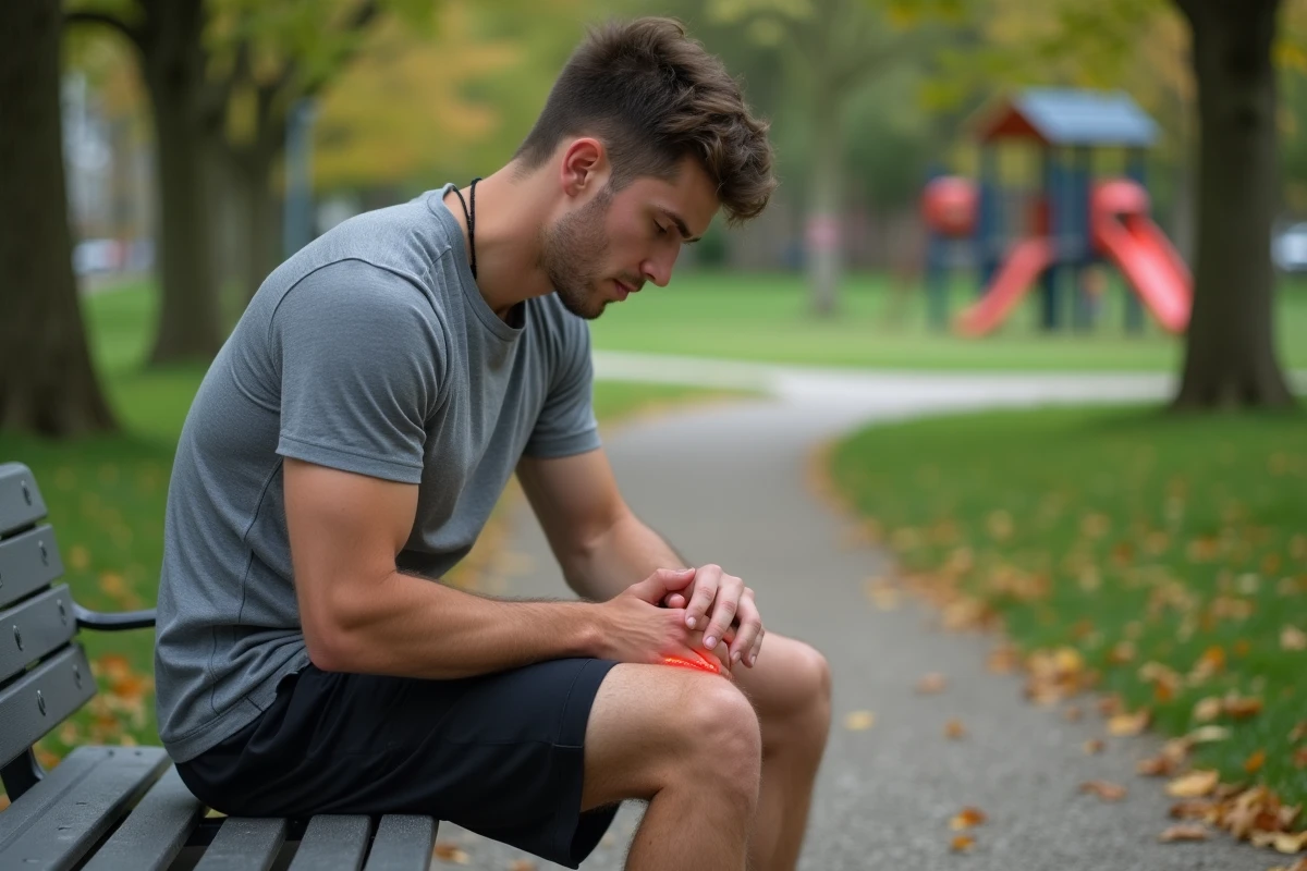 Jeune homme assis sur un banc de parc touchant son genou