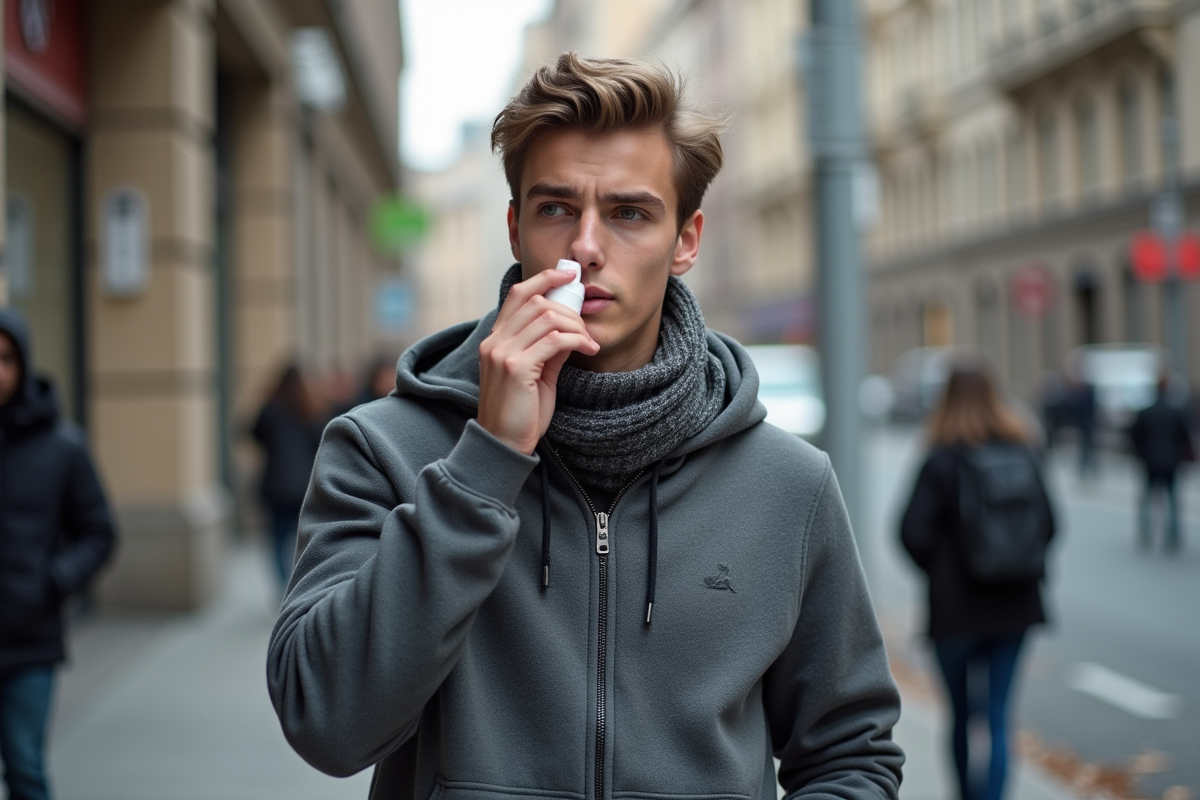 Jeune homme utilisant un spray nasal en ville lors d