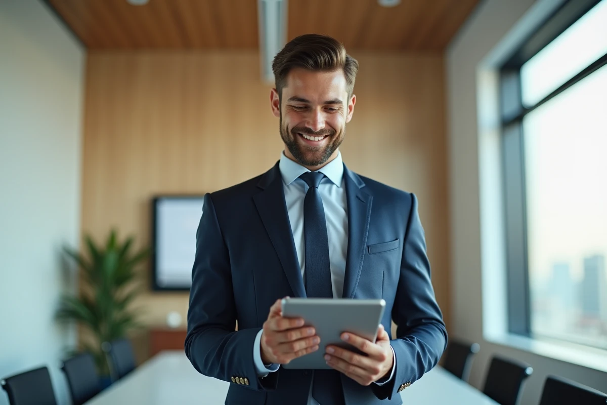 Jeune professionnel en costume utilisant une tablette en réunion