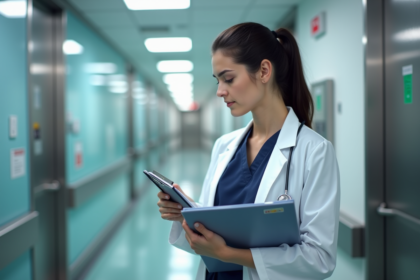 Jeune femme medecin resident dans un couloir d'hopital