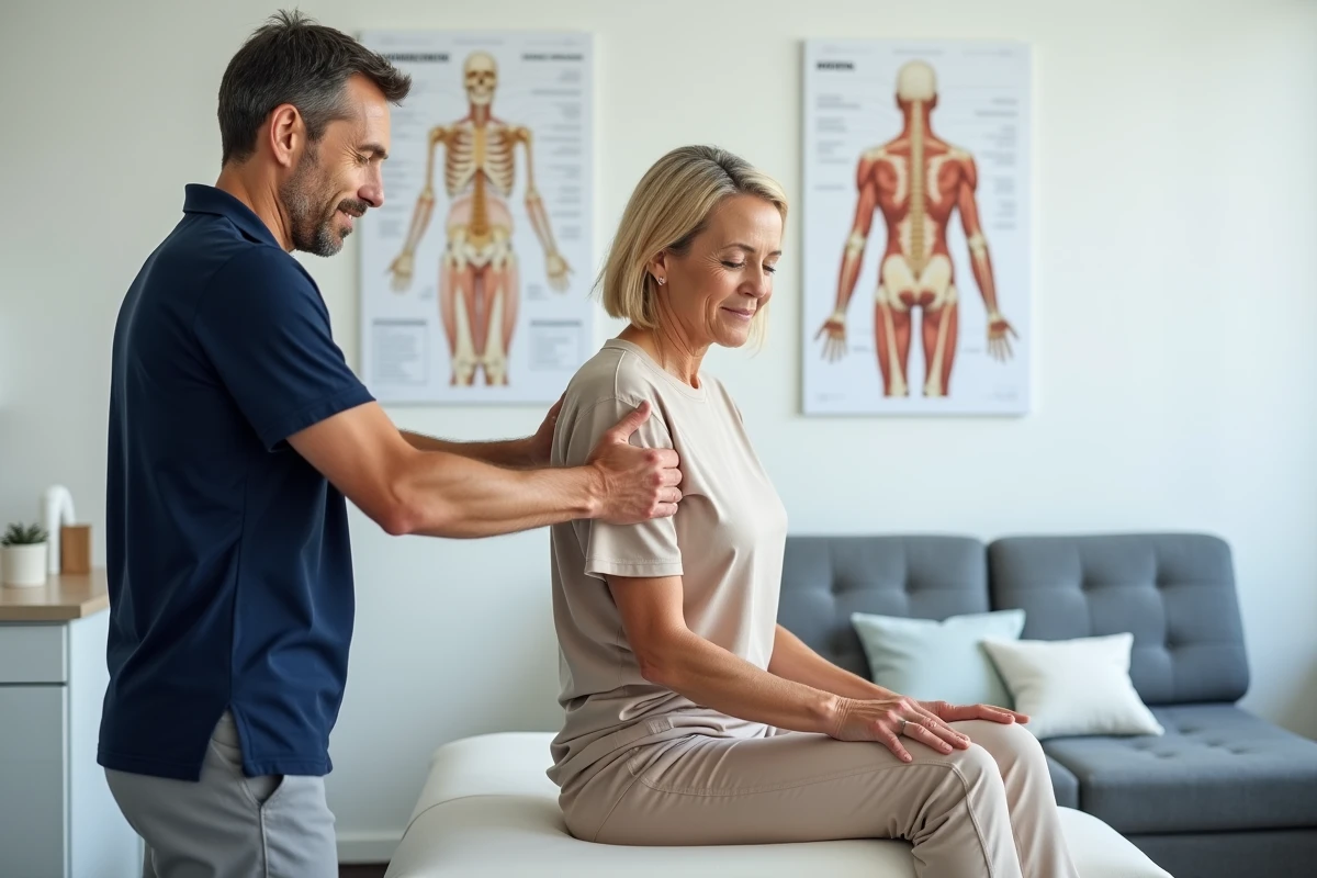 Kinésithérapeute guidant une patiente dans un exercice de mobilisation pour soulager la douleur au côté gauche