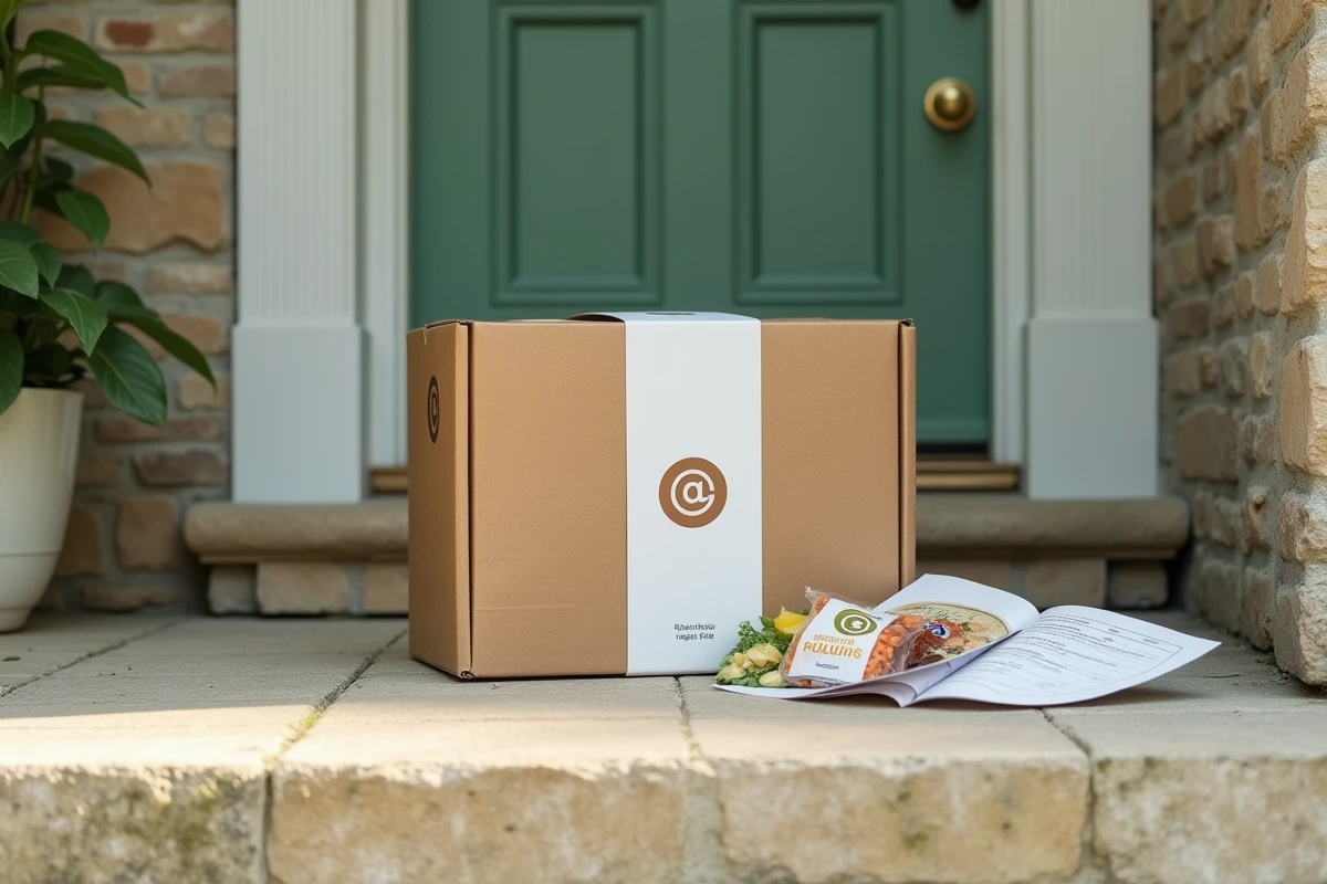 Boîte de livraison RegimeBox déposée sur un pas de porte avec menu hebdomadaire et ingrédients