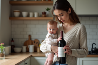 Maman lit une étiquette de vin avec son bébé dans la cuisine