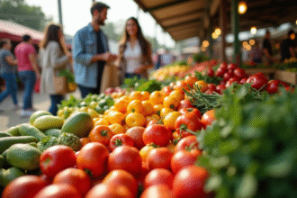 Stand de marché avec fruits et légumes frais et colorés