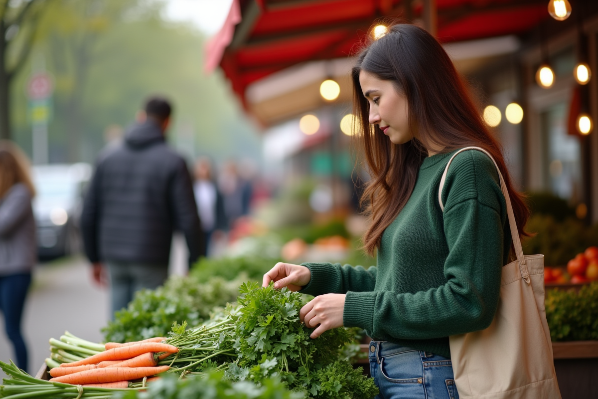 Jeune femme choisissant des carottes au marché