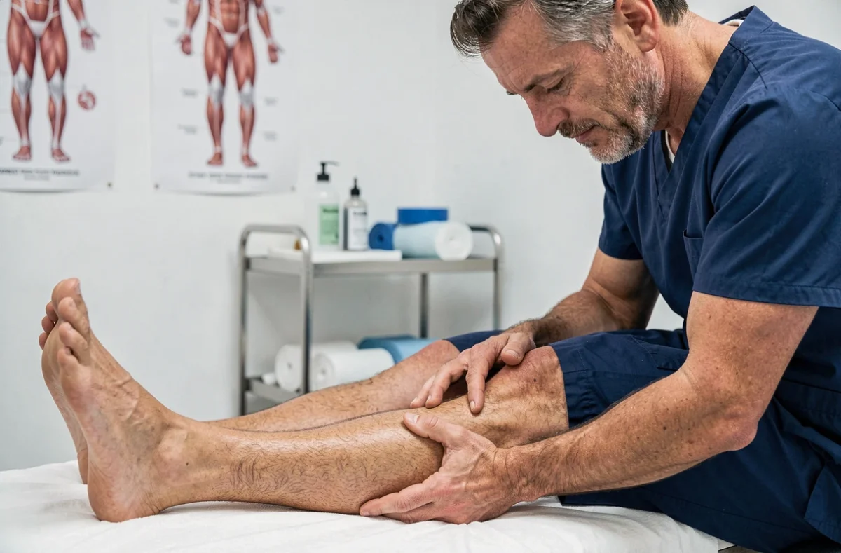 Kinésithérapeute massant le mollet d'un coureur allongé sur table de soins après un marathon