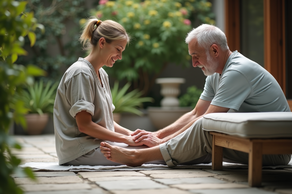 Homme recevant un massage de pied dans un jardin calme