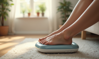 Gros plan sur des pieds massés avec un appareil moderne dans un salon lumineux