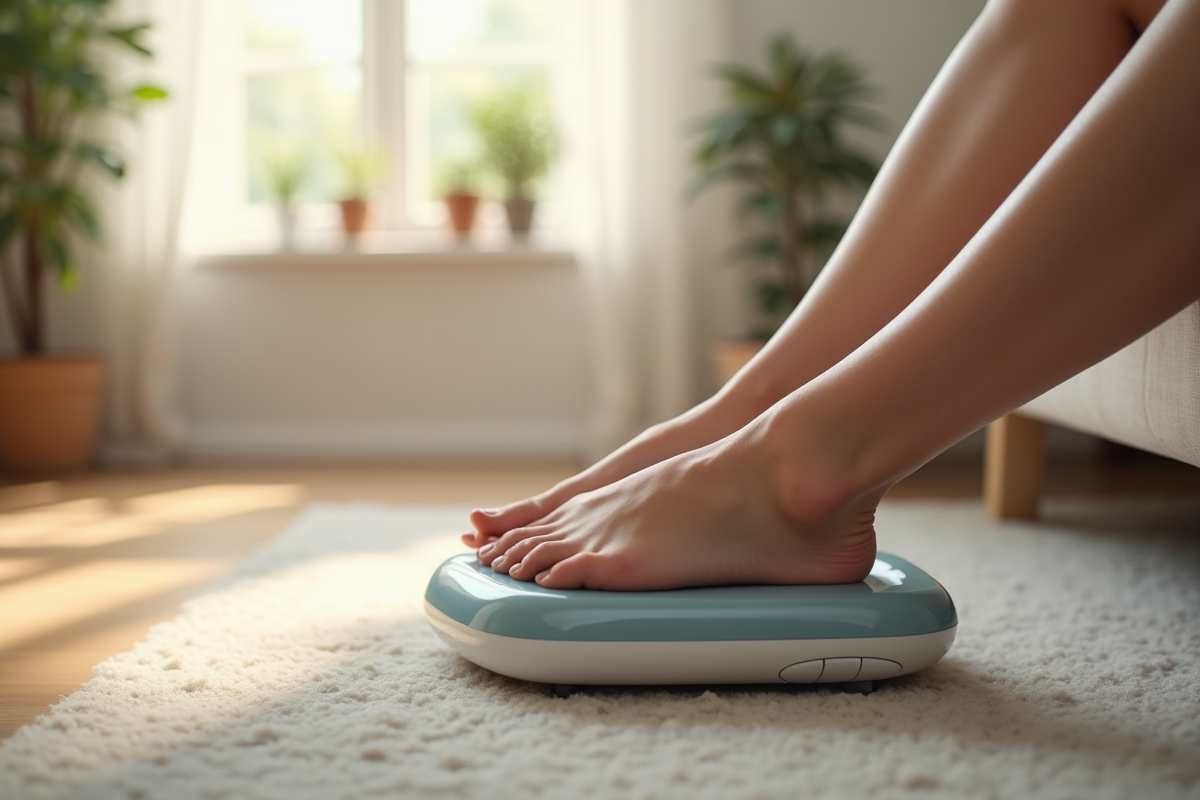Gros plan sur des pieds massés avec un appareil moderne dans un salon lumineux