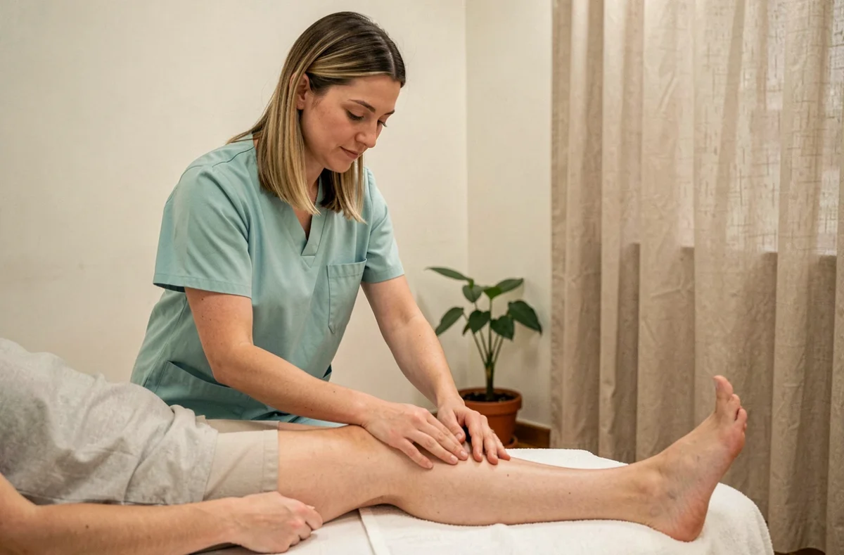 Kinésithérapeute pratiquant un drainage lymphatique manuel sur la jambe d'un patient à Billy-Montigny