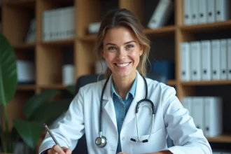 Médecin femme analysant un bilan hépatique avec résultats de transaminases SGOT et ALAT sur papier dans un cabinet médical