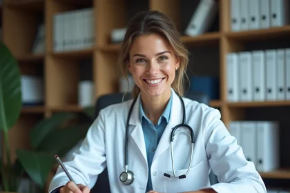 Médecin femme analysant un bilan hépatique avec résultats de transaminases SGOT et ALAT sur papier dans un cabinet médical