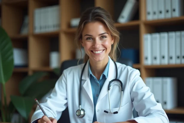 Médecin femme analysant un bilan hépatique avec résultats de transaminases SGOT et ALAT sur papier dans un cabinet médical