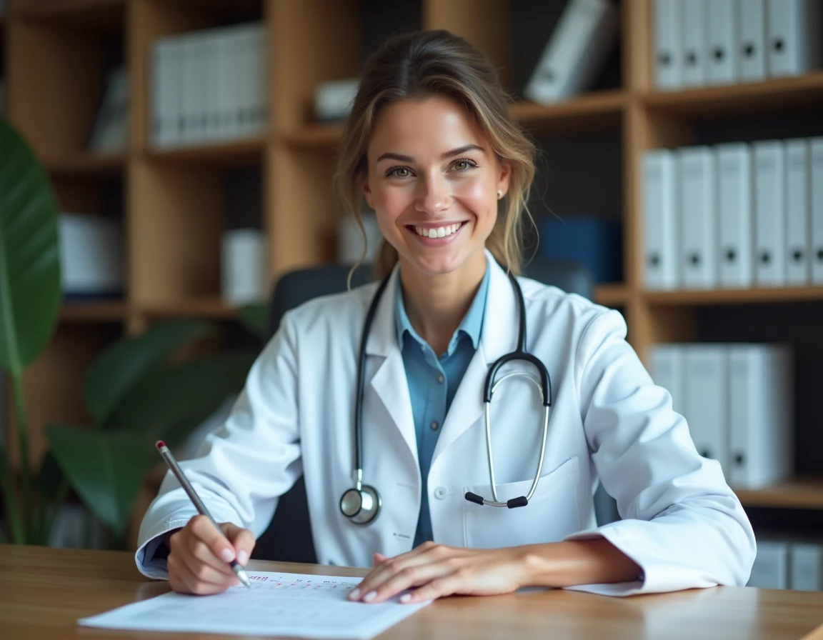 Médecin femme analysant un bilan hépatique avec résultats de transaminases SGOT et ALAT sur papier dans un cabinet médical