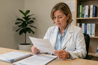 Médecin analysant les retours patients sur le GCA 2700 dans un cabinet médical moderne