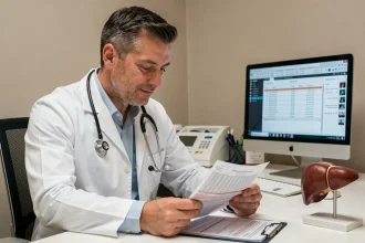 Médecin examinant les résultats d'une analyse sanguine SGPT ALAT en consultation médicale
