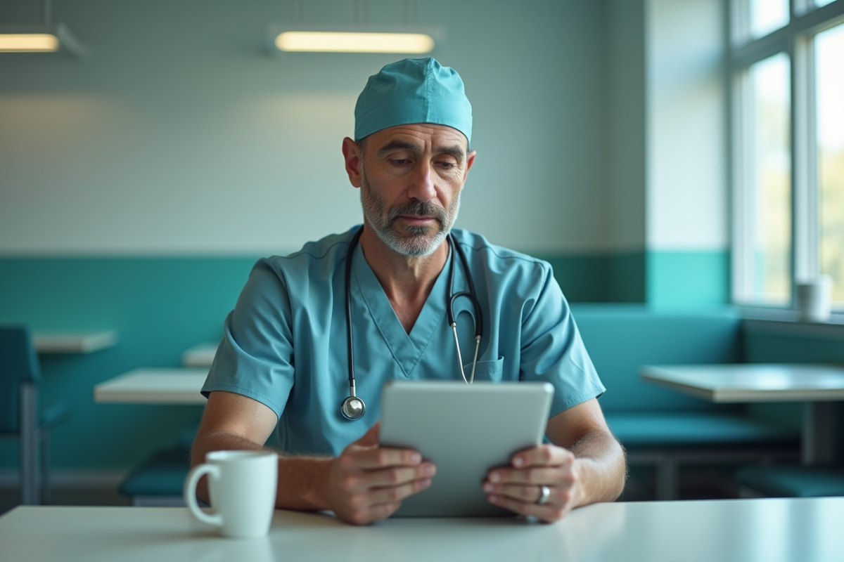 Medecin chirurgien seul dans une salle de pause hospitaliere