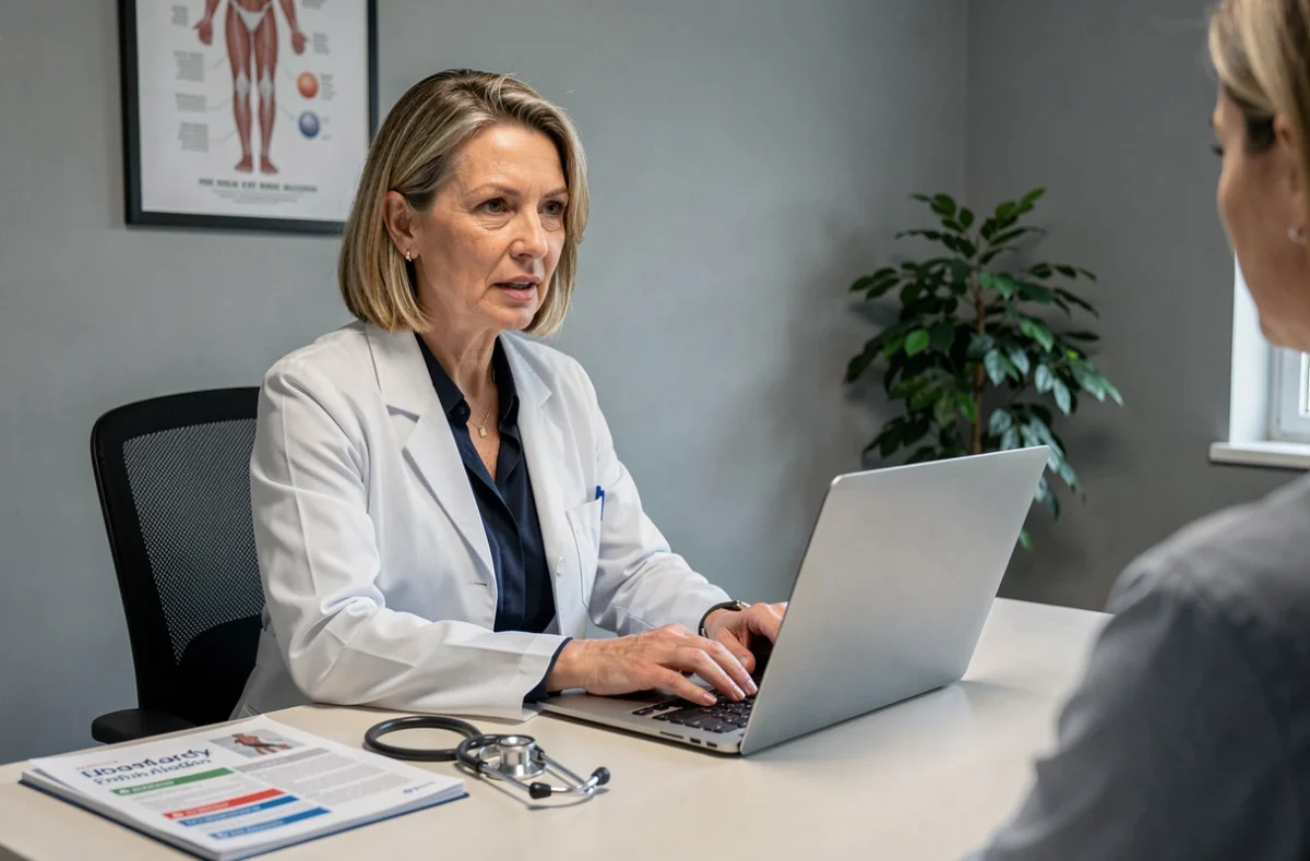 Médecin généraliste en consultation médicale discutant des alternatives et du remboursement d'un médicament avec son patient