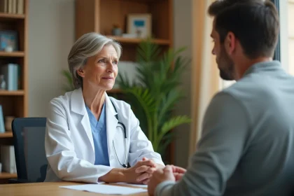 Médecin expliquant un traitement médicamenteux à un patient lors d'une consultation en cabinet