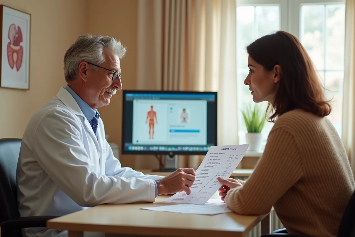 Médecin expliquant les résultats d'une analyse sanguine avec un taux de monocytes élevé à une patiente en consultation