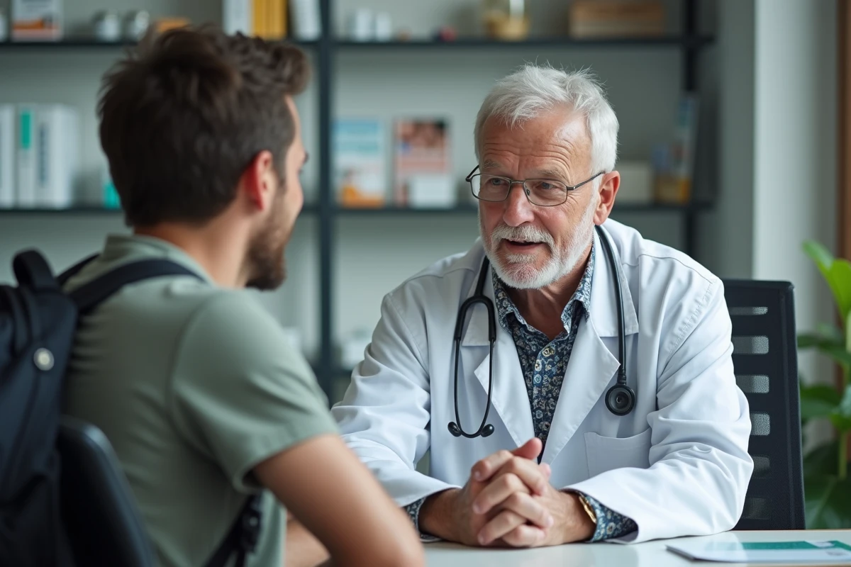 Docteur discutant vaccination avec un voyageur dans un bureau
