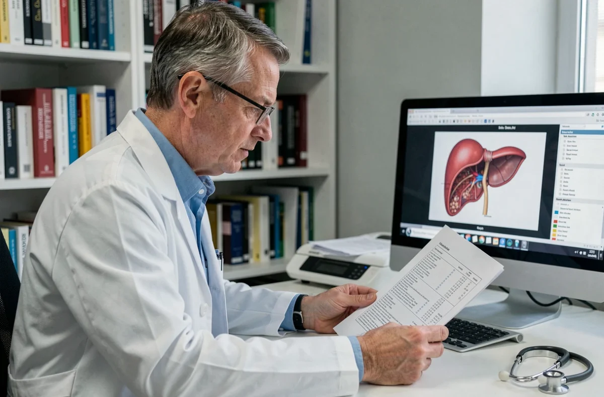 Médecin analysant des résultats d'études cliniques sur les effets d'un mois sans alcool sur le foie dans un bureau médical moderne