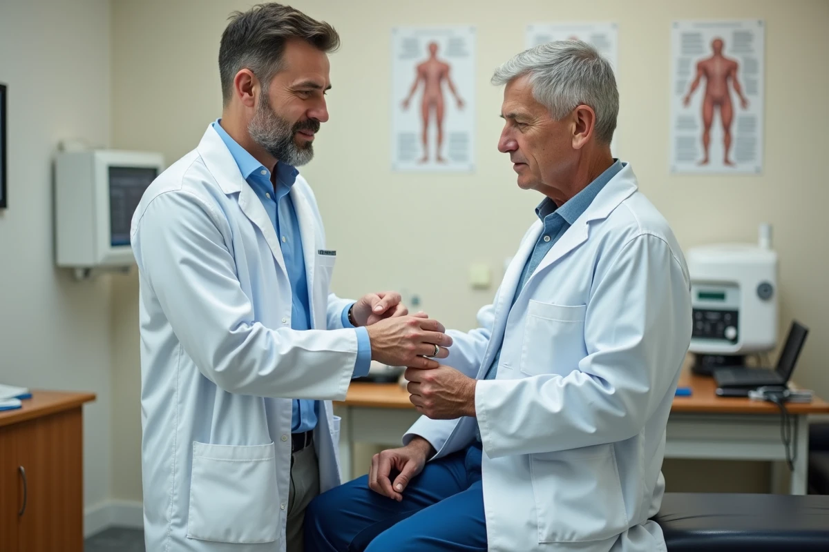Médecin examinant l'aisselle gauche d'un patient masculin lors d'une consultation médicale en cabinet