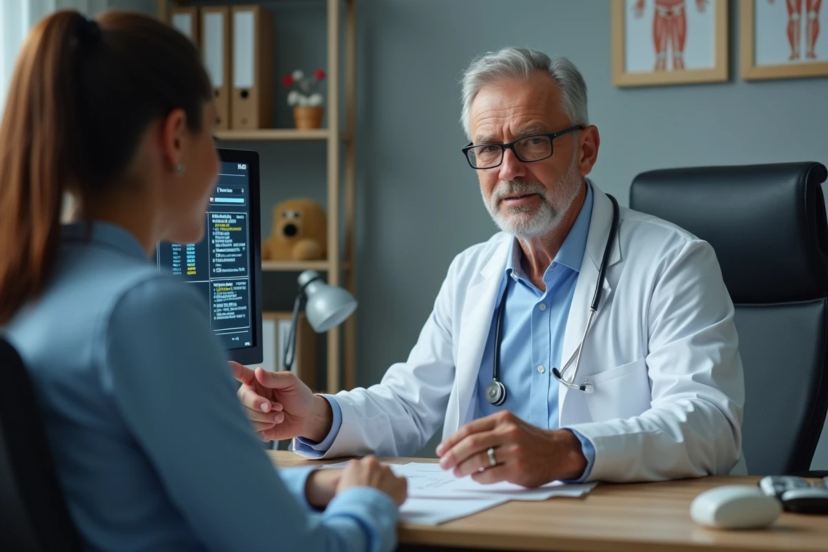 Médecin généraliste expliquant des résultats d'analyse sanguine avec TCMH bas sur un écran d'ordinateur en cabinet