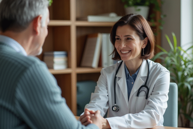 Medecin femme écoute patient dans consultation