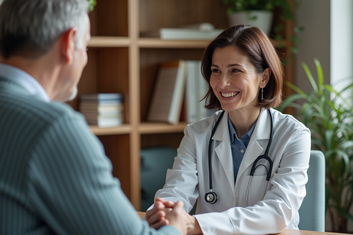 Medecin femme écoute patient dans consultation
