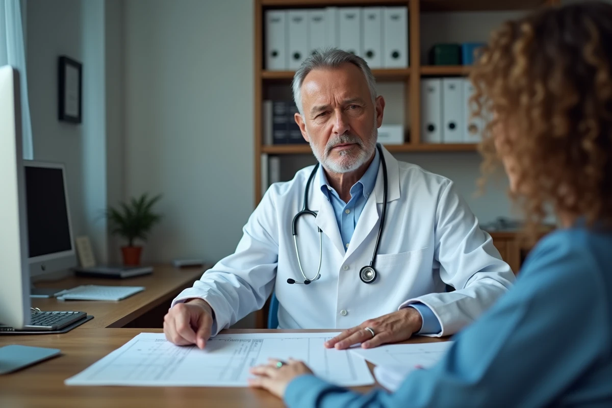 Médecin généraliste expliquant un protocole de sevrage progressif aux CDT à un patient dans son cabinet médical