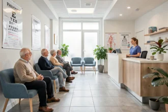 Salle d'attente moderne d'un cabinet d'ophtalmologie dans les Hauts-de-France avec des patients assis et une réceptionniste