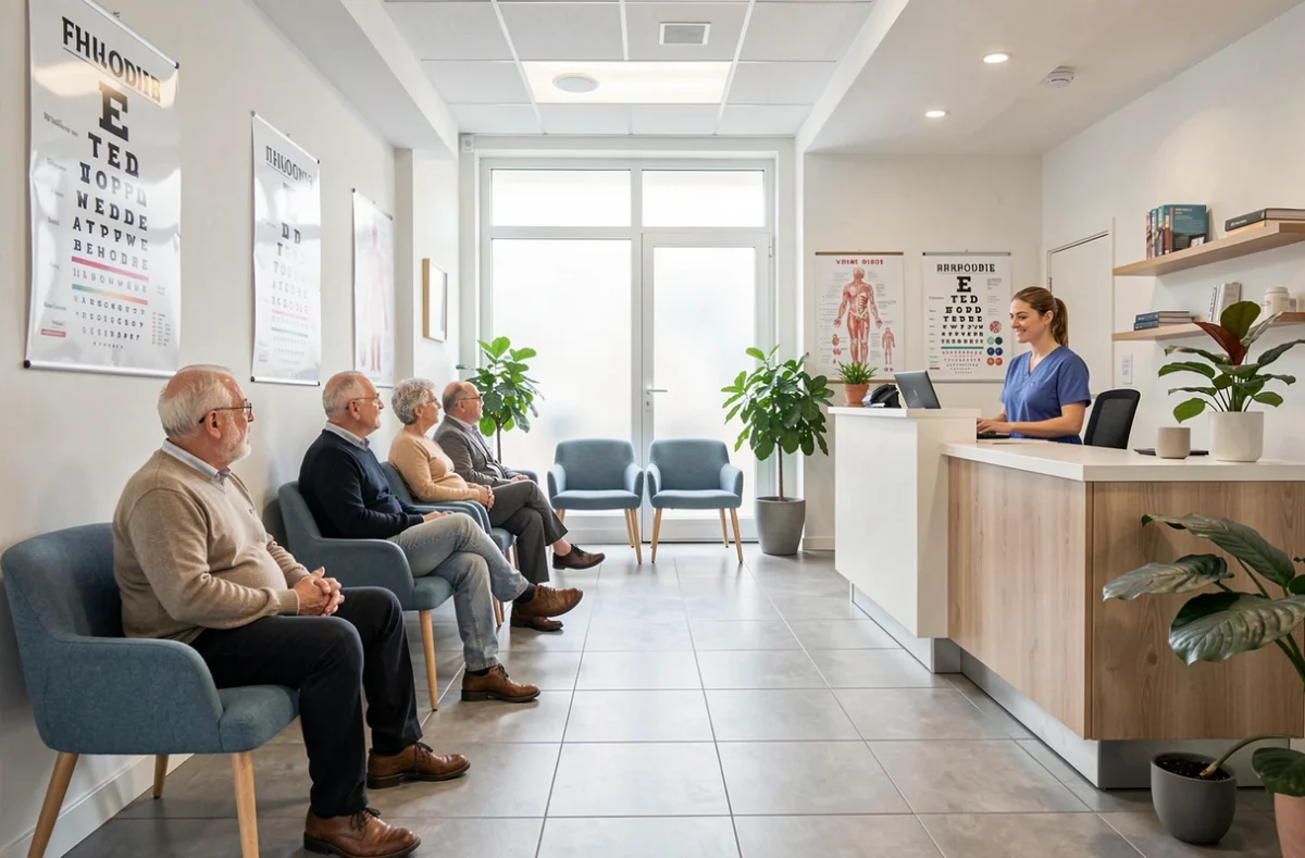 Salle d'attente moderne d'un cabinet d'ophtalmologie dans les Hauts-de-France avec des patients assis et une réceptionniste