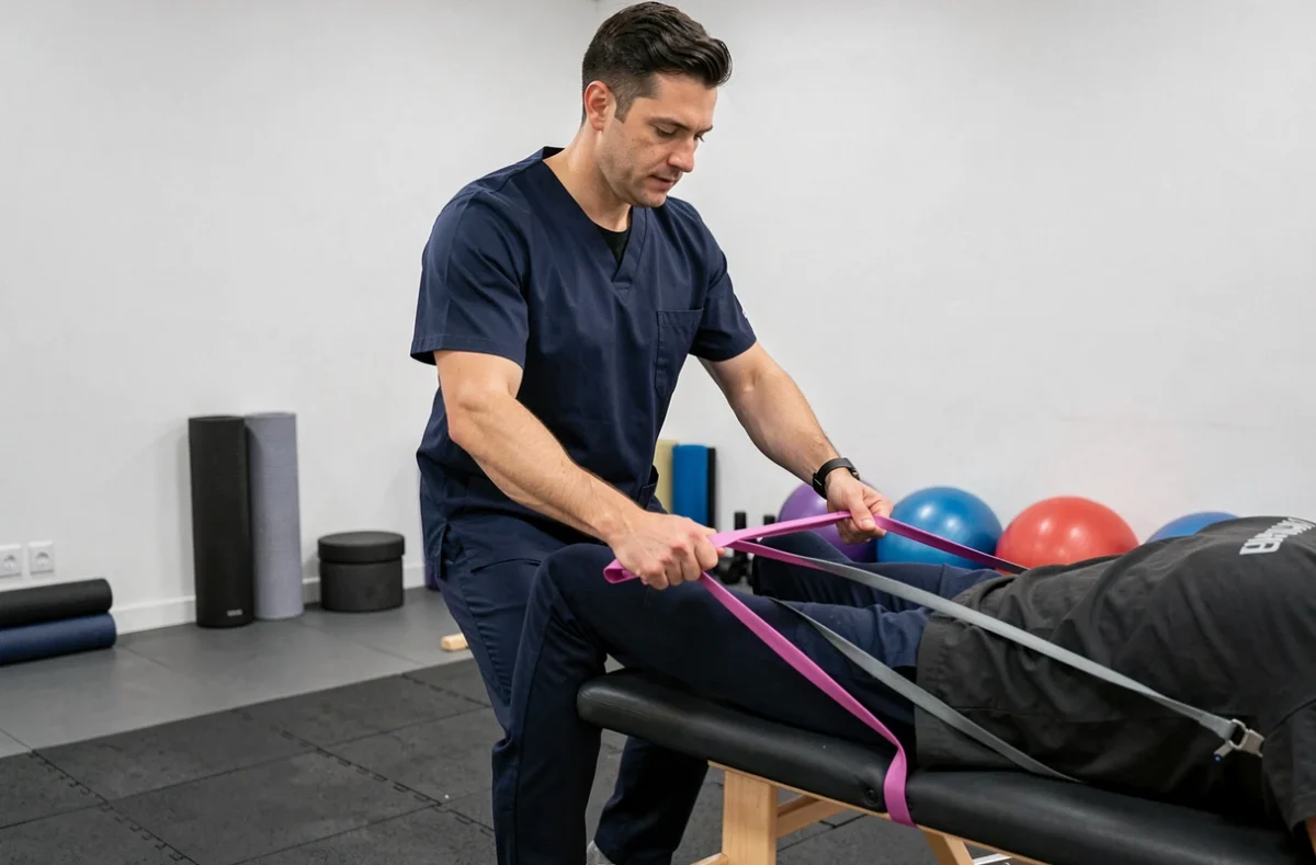Kinésithérapeute homme guidant un patient dans un exercice de rééducation du genou à La Madeleine