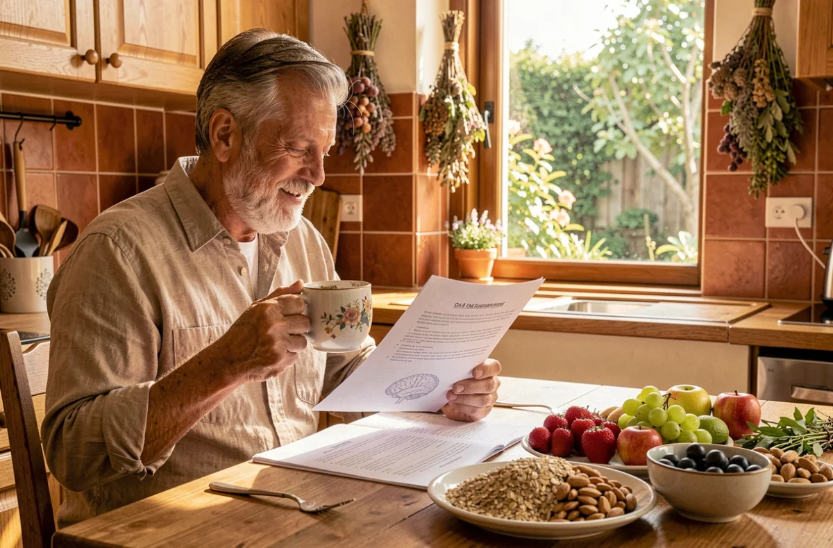 Homme de 60 ans adoptant un mode de vie sain avec alimentation méditerranéenne après un diagnostic de taches blanches cérébrales à l'IRM