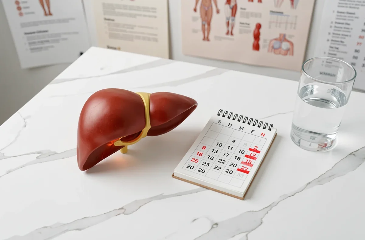 Modèle anatomique du foie posé à côté d'un calendrier de 30 jours et d'un verre d'eau, illustrant les bénéfices d'un mois sans alcool