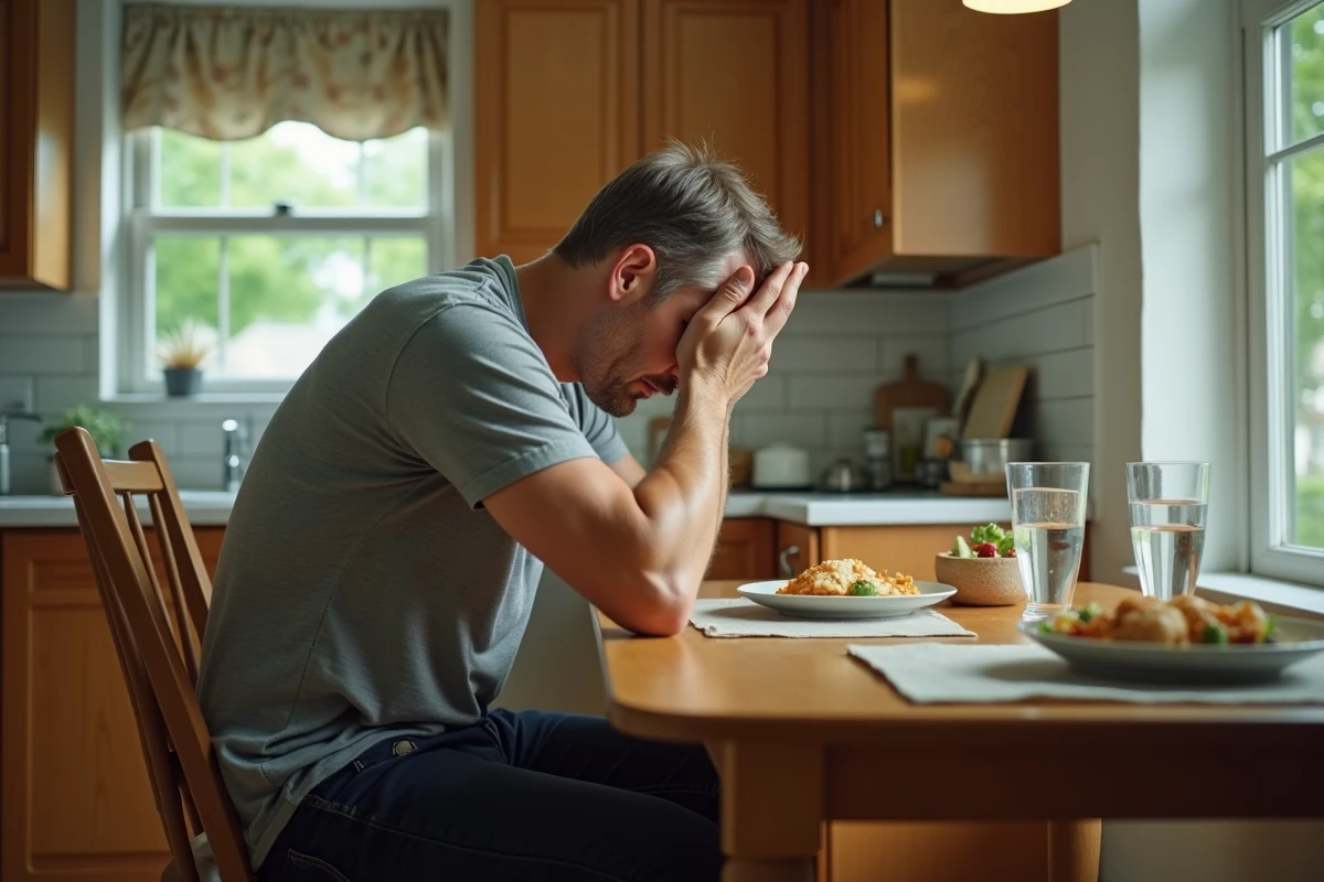 Homme souffrant de nausées et douleurs au ventre côté droit assis dans une cuisine, contexte digestif à domicile