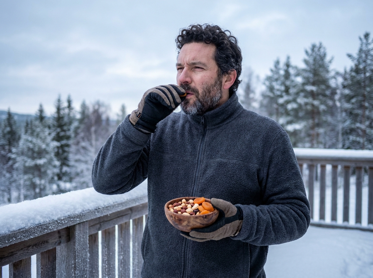 Homme mangeant des noix et fruits secs riches en vitamines pour les yeux en hiver en extérieur