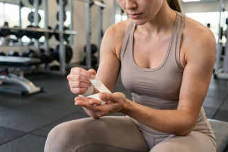 Sportive enveloppant un doigt blessé avec du tape adhésif avant une séance de sport en salle
