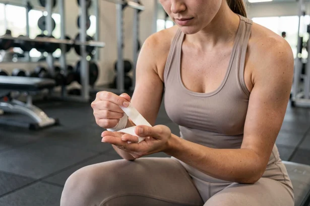 Sportive enveloppant un doigt blessé avec du tape adhésif avant une séance de sport en salle