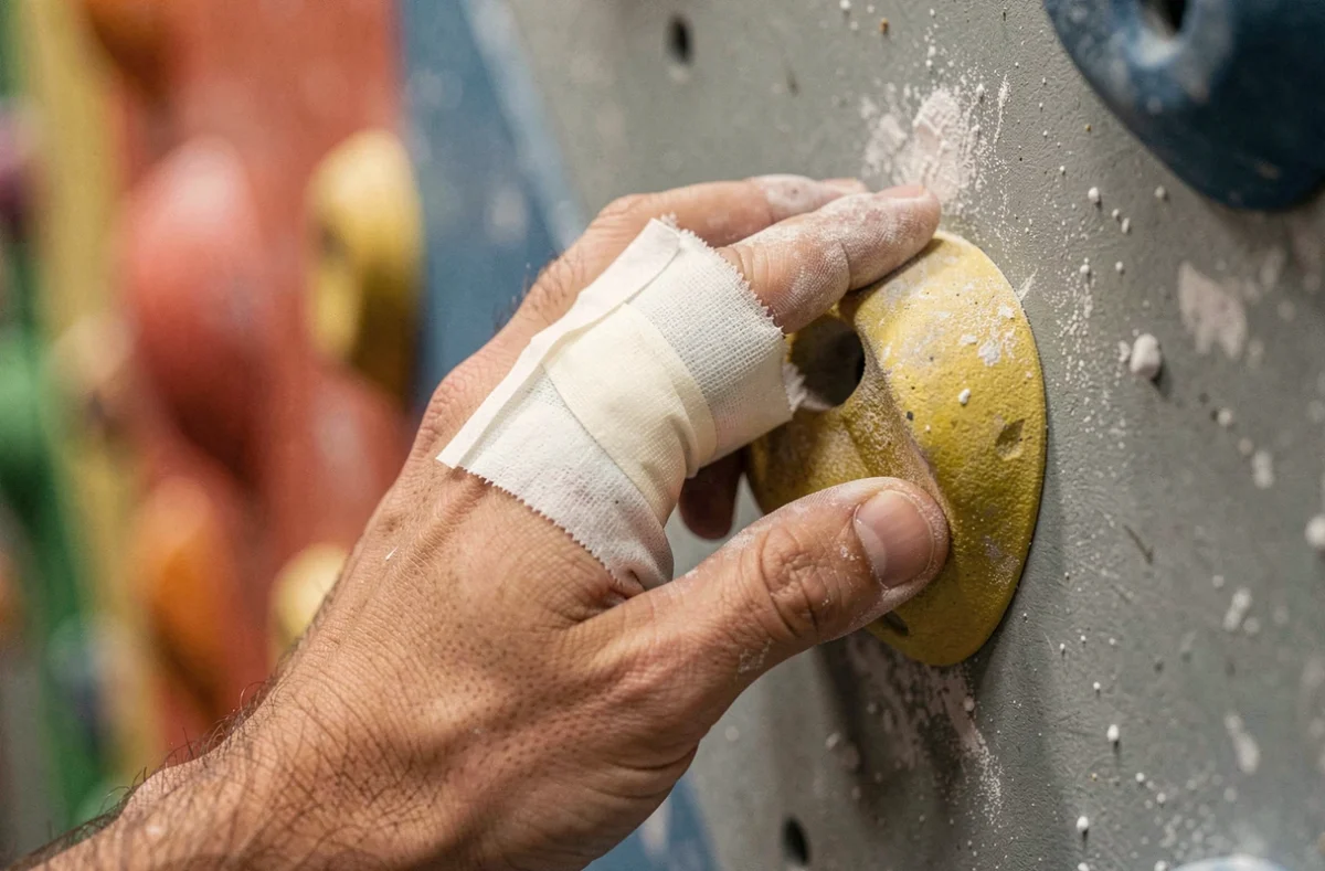 Main avec un ongle arraché protégé par du tape médical agrippant une prise d'escalade en salle de bloc