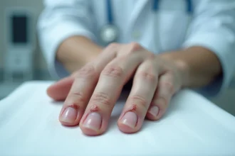Gros plan sur un ongle traumatisé avec hématome sous-unguéal sur une table d'examen médical
