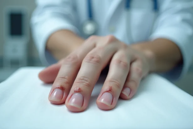 Gros plan sur un ongle traumatisé avec hématome sous-unguéal sur une table d'examen médical