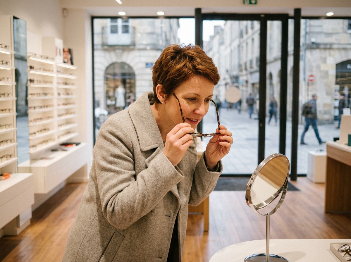 Femme essayant des lunettes dans une opticien en centre-ville de Brest