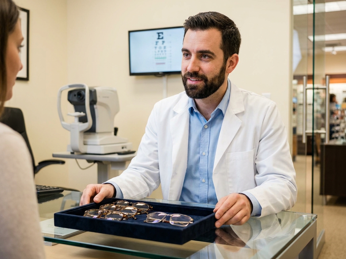Opticien professionnel conseillant un client dans son cabinet à Brest